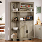 YITAHOME Kitchen Pantry Storage Cabinet, 67" Tall Kitchen Hutch with Outlet & Door & Shelves & Drawer, Farmhouse Wooden Microwave Stand Buffet Coffee Bar for Home Living Dining Room, Antique Gray