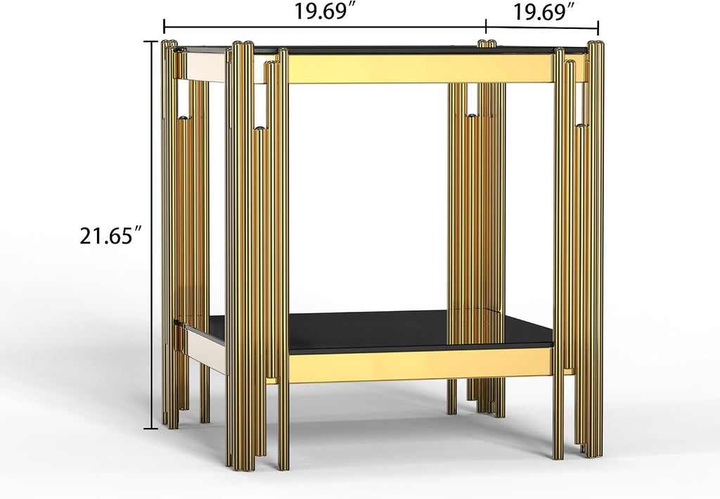 20” Square Glass End Table, 2-Tier Side Table with Black Tempered Glass Top Golden Mirrored Stainless Steel Legs, Modern Luxury Nightstand Bedside Table with Lower Shelf for Living Room
