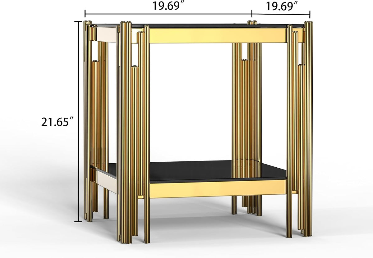 20” Square Glass End Table, 2-Tier Side Table with Black Tempered Glass Top Golden Mirrored Stainless Steel Legs, Modern Luxury Nightstand Bedside Table with Lower Shelf for Living Room