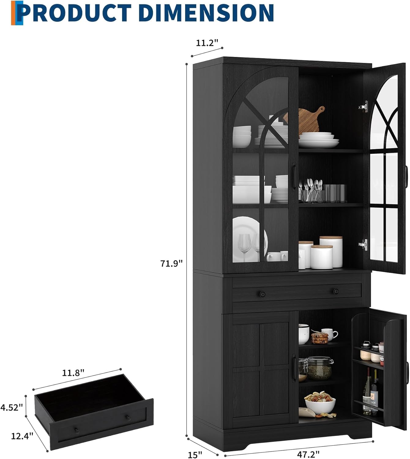 IDEALHOUSE 71.9" Tall Storage Cabinet with 30mm Thickened Board, Tempered Glass Doors & Anti-Tipping Kit, Pantry Storage Cabinet for Kitchen, Dining Room, Living Room