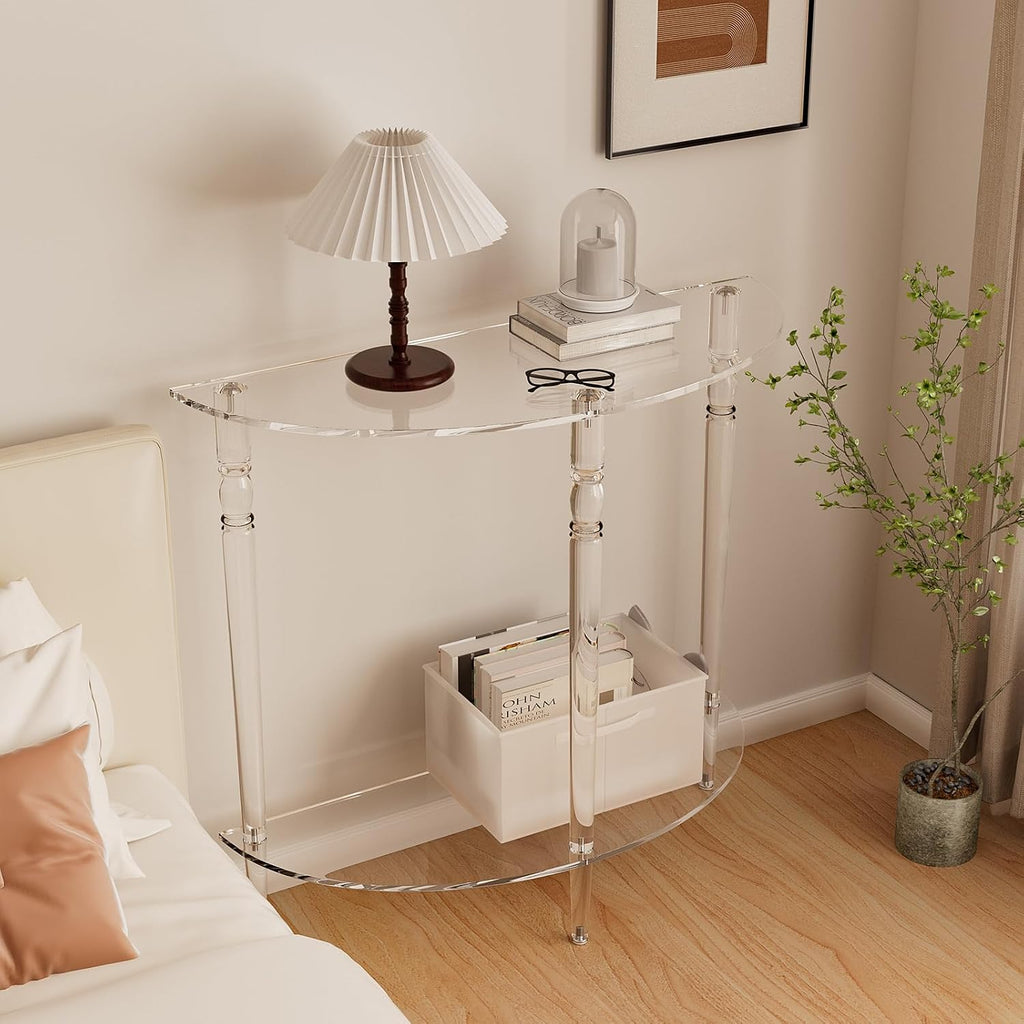 Acrylic Console Table, Half Moon, Entryway Table, Narrow Side Table, End Table, Sofa Table, 31.5L x 11.8W x 31.8H inch Thickened 0.59 inch