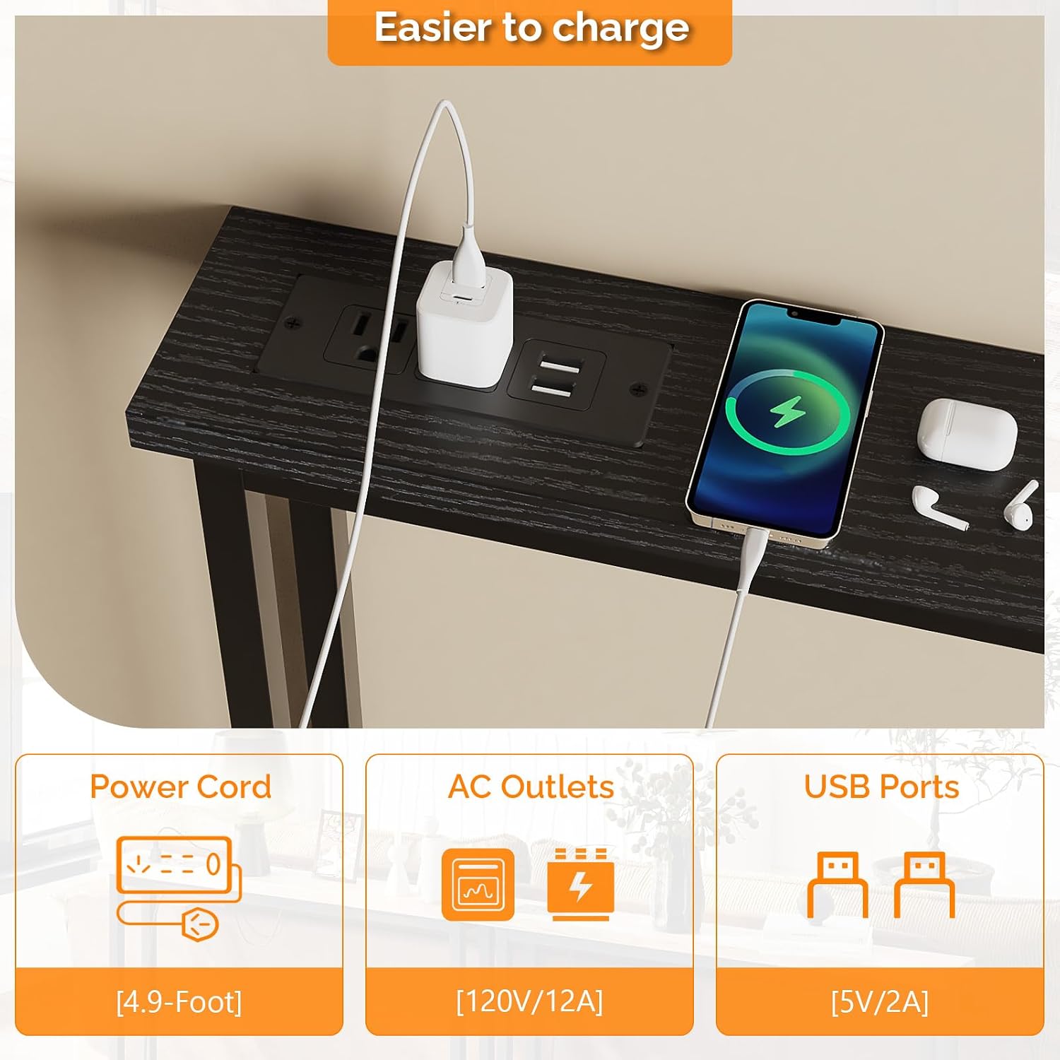 VINGLI 39" Console Table with Charging Station, 5.9" Narrow Sofa Table Behind Couch, Entryway Table with Power Outlet & 4.9 Ft Extension Cord & Adjustable Feet, for Living Room, Hallway, Black