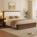 Queen Size Bed Frame with 2 Storage Drawers & Upholstered Headboard, Mid-Century Modern Platform Bed, Tufted Headboard, Metal Slat Support, No Box Spring Needed, Noise-Free, Easy Assembly, Walnut