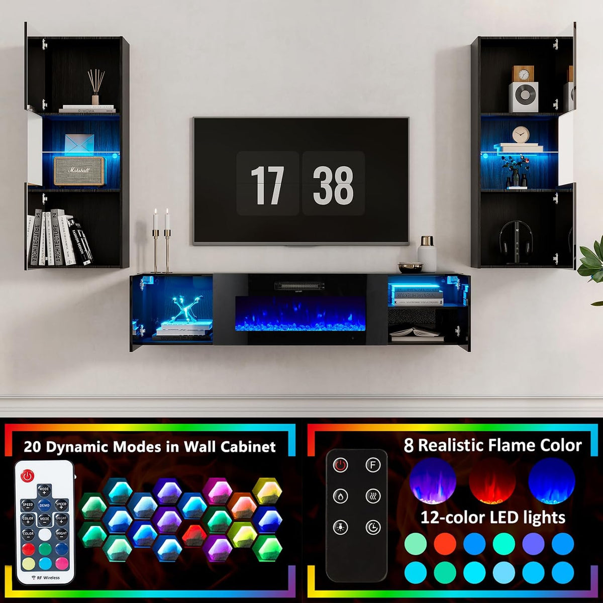 AMERLIFE Wall Unit Entertainment Center with 40" Electric Fireplace, Includes 80" Floating Fireplace TV Stand, 2 x Wall Cabinets, Modern LED Light Media Console Table for Living Room, Black