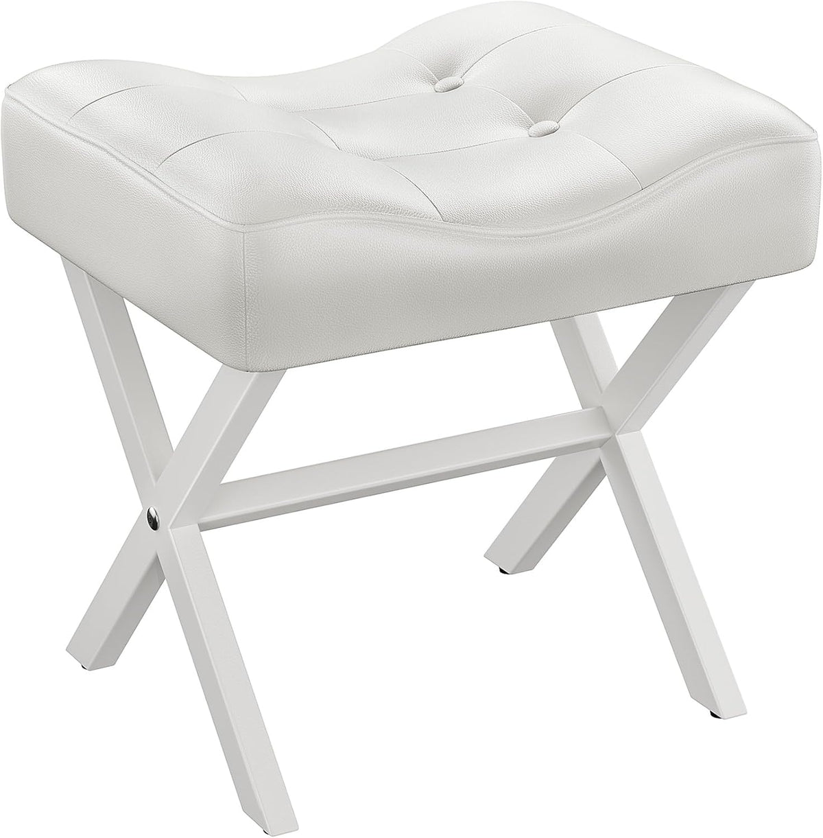 Memobarco 18-Inch Large Leather Vanity Stool, Vanity Chair with Metal X-Leg, Ottoman Accent Stool with Thick Padded Saddle Seat, White