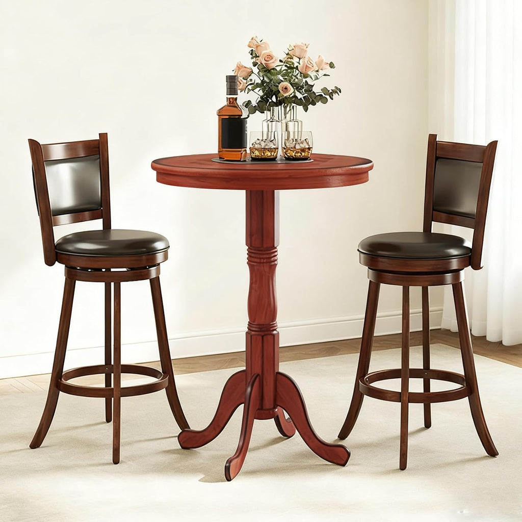3 Piece Bar Table and Chairs Set, Round Counter Height Dining Table with Chessboard, 2 Upholstered Swivel Bar Stools, Rubber Wood Frame, Farmhouse Pub Table Set for Kitchen, Bistro