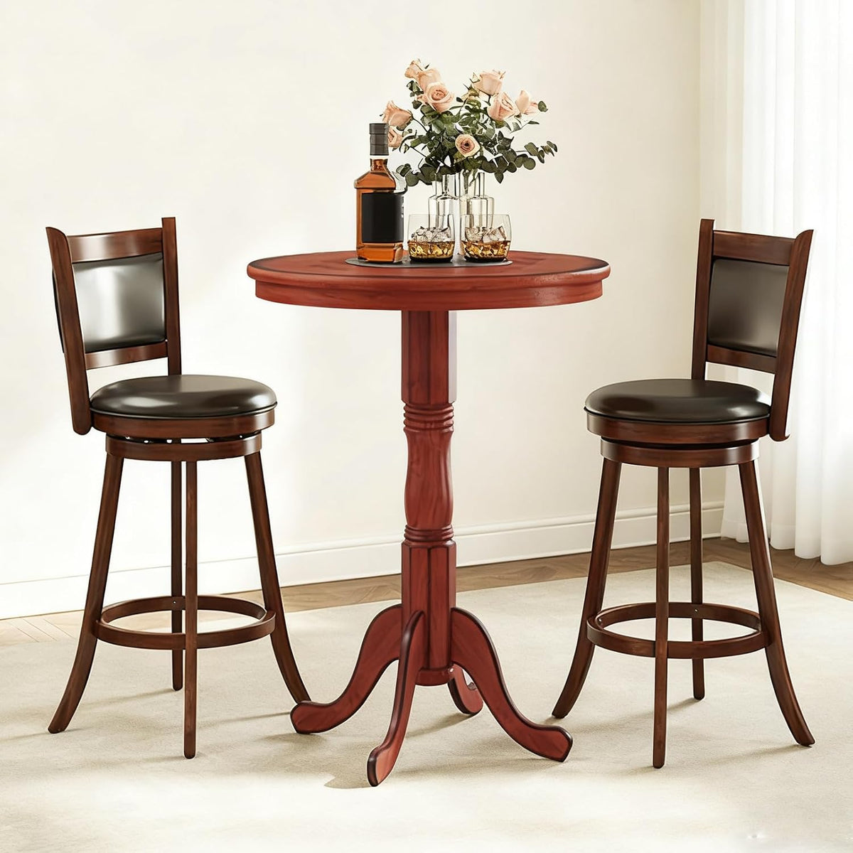 3 Piece Bar Table and Chairs Set, Round Counter Height Dining Table with Chessboard, 2 Upholstered Swivel Bar Stools, Rubber Wood Frame, Farmhouse Pub Table Set for Kitchen, Bistro