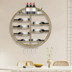 Wall Mounted Wine Rack with Glass Holder, Gold Metal Bottle Holder Round Wine Storage Display Rack for Restaurants Bar Dining Room Kitchen