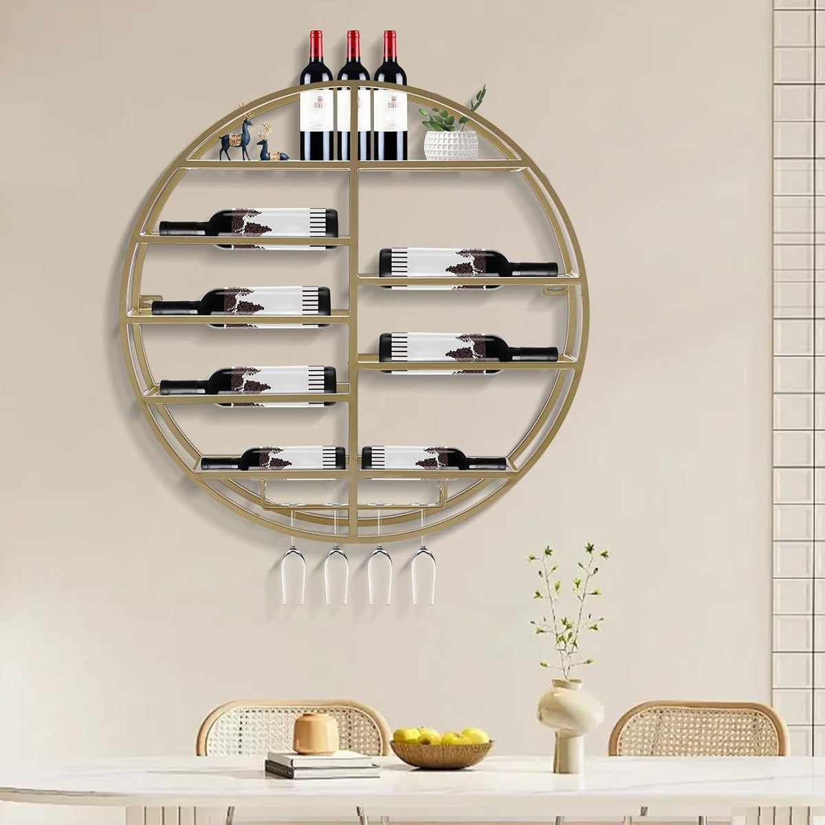 Wall Mounted Wine Rack with Glass Holder, Gold Metal Bottle Holder Round Wine Storage Display Rack for Restaurants Bar Dining Room Kitchen