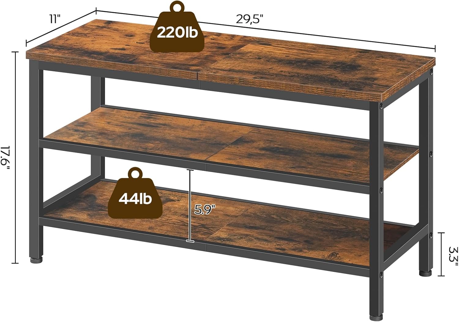 YATINEY Wooden Shoe Bench, 3-Tier Industrial Shoe Storage Bench, Sturdy Shoe Rack Bench with Storage for Entryway, Living Room, Halley, Space Saving, Rustic Brown and Black HX06BR