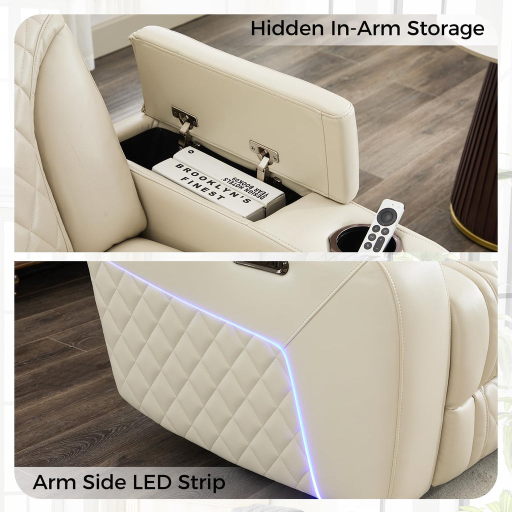 Power Recliner Sofa with Adjustable Headrest, Wireless Charger for Living Room, Electric Reclining Couch with LED Lights, Faux Leather 3 Seaters with Recliner,Home Theater Seating w/ LED Lights,Beige