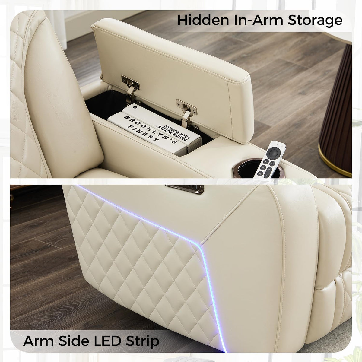 Power Recliner Sofa with Adjustable Headrest, Wireless Charger for Living Room, Electric Reclining Couch with LED Lights, Faux Leather 3 Seaters with Recliner,Home Theater Seating w/ LED Lights,Beige