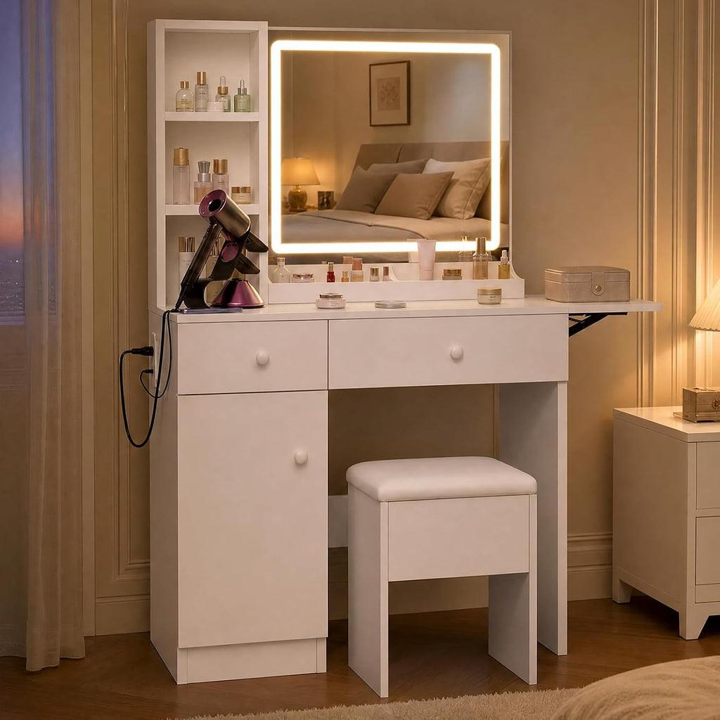 FUXA Vanity Desk with Lighted Mirror, Charging Station and Chair, White | Storage Drawers, Cabinet, Shelves, 3 Light Modes, Foldable Top, Easy-Clean, for Bedroom