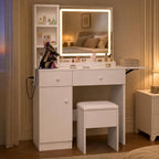 FUXA Vanity Desk with Lighted Mirror, Charging Station and Chair, White | Storage Drawers, Cabinet, Shelves, 3 Light Modes, Foldable Top, Easy-Clean, for Bedroom