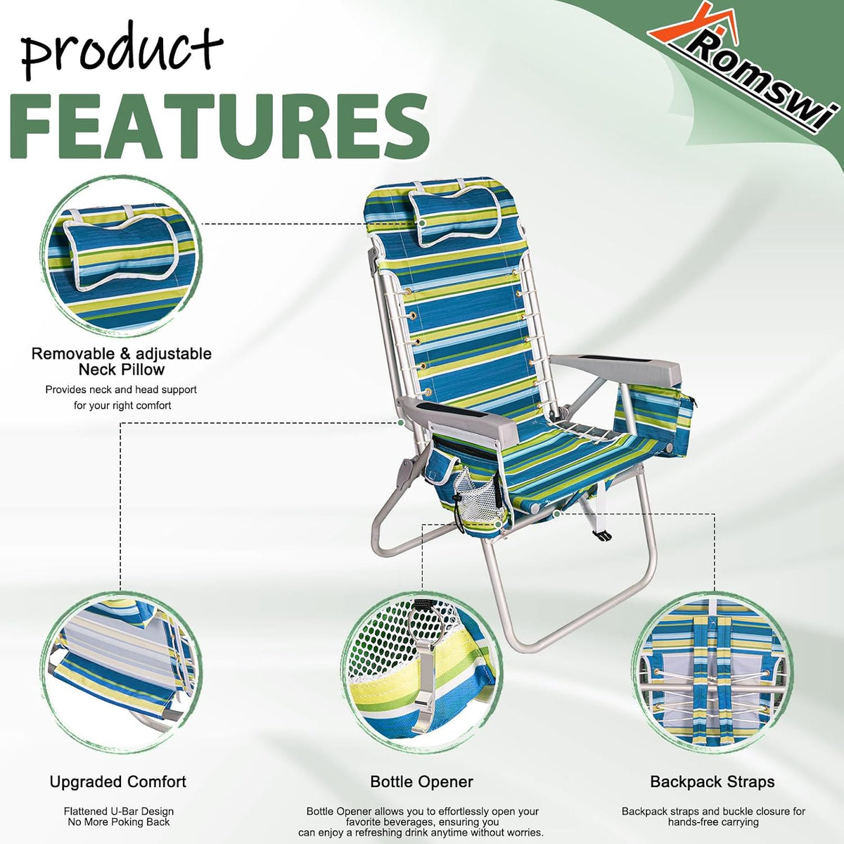 Romswi Tall Beach Chair Extra Wide for Adults, 17" High Seat Backpack Beach Chair with Cooler Bag, Cup & Phone Holder, 5-Position High Back Reclining Chair with Towel Bar & Zipper Pocket, Blue Stripes