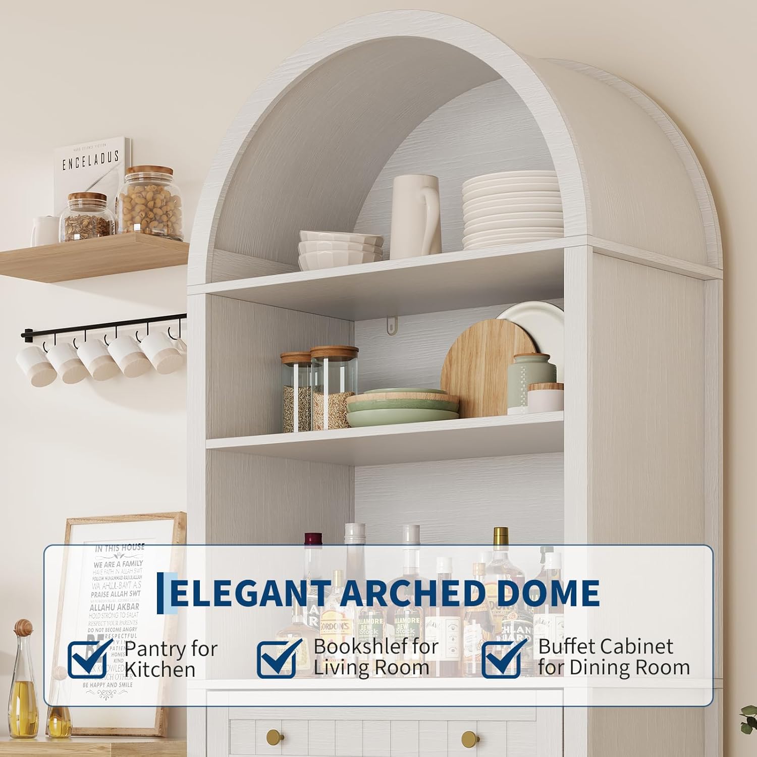 73" Tall Arched Cabinet, Arched Kitchen Pantry with Adjustable Shelves, Modern Display Storage Cabinets, Wooden Pantry Cabinet for Living Room, Dining Room