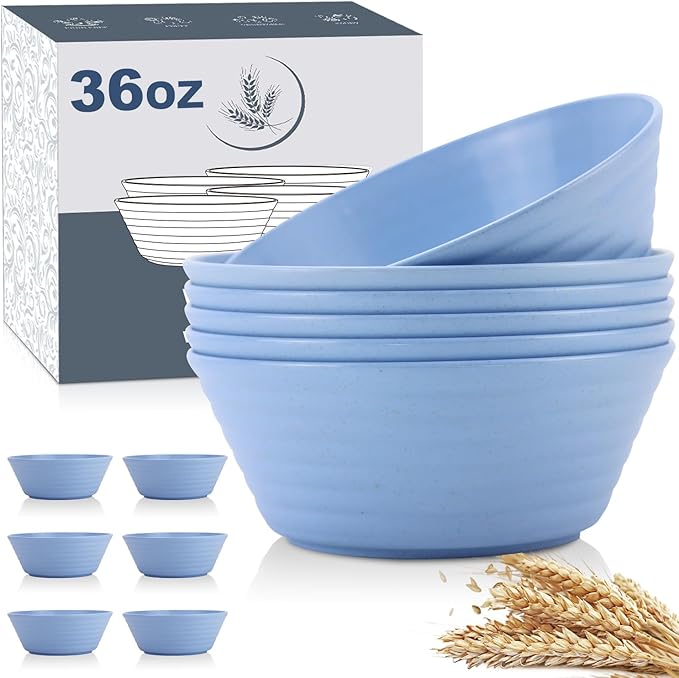Wheat Straw Bowl Sets,6 PCS Unbreakable Cereal Bowl 36 OZ,Microwave and Dishwasher Safe Bowls,Kitchen Bowls for Serving Soup,Oatmeal and Salad （Sky Blue）