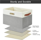 Large Collapsible Fabric Storage Bins with 3 Handles, Foldable Organizer Baskets for Closet, Shelves, Living Room | 3 Pack, Durable PU & Metal Handles (14.9"x9.8"x9.8", Gray & White)