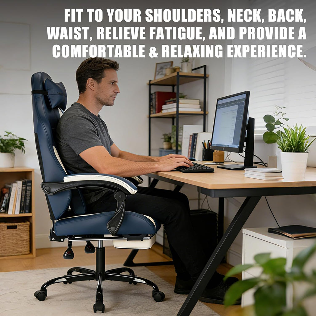 Gaming Chair with Footrest and Massage Lumbar Support, Ergonomic Computer Gamer Chair, Office Video Game Chairs (Blue)