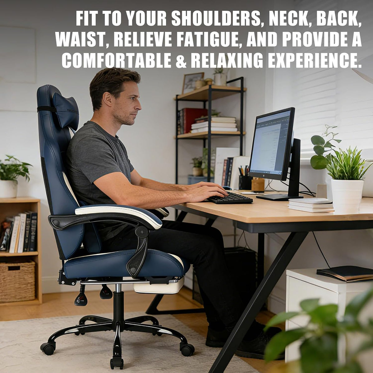 Gaming Chair with Footrest and Massage Lumbar Support, Ergonomic Computer Gamer Chair, Office Video Game Chairs (Blue)