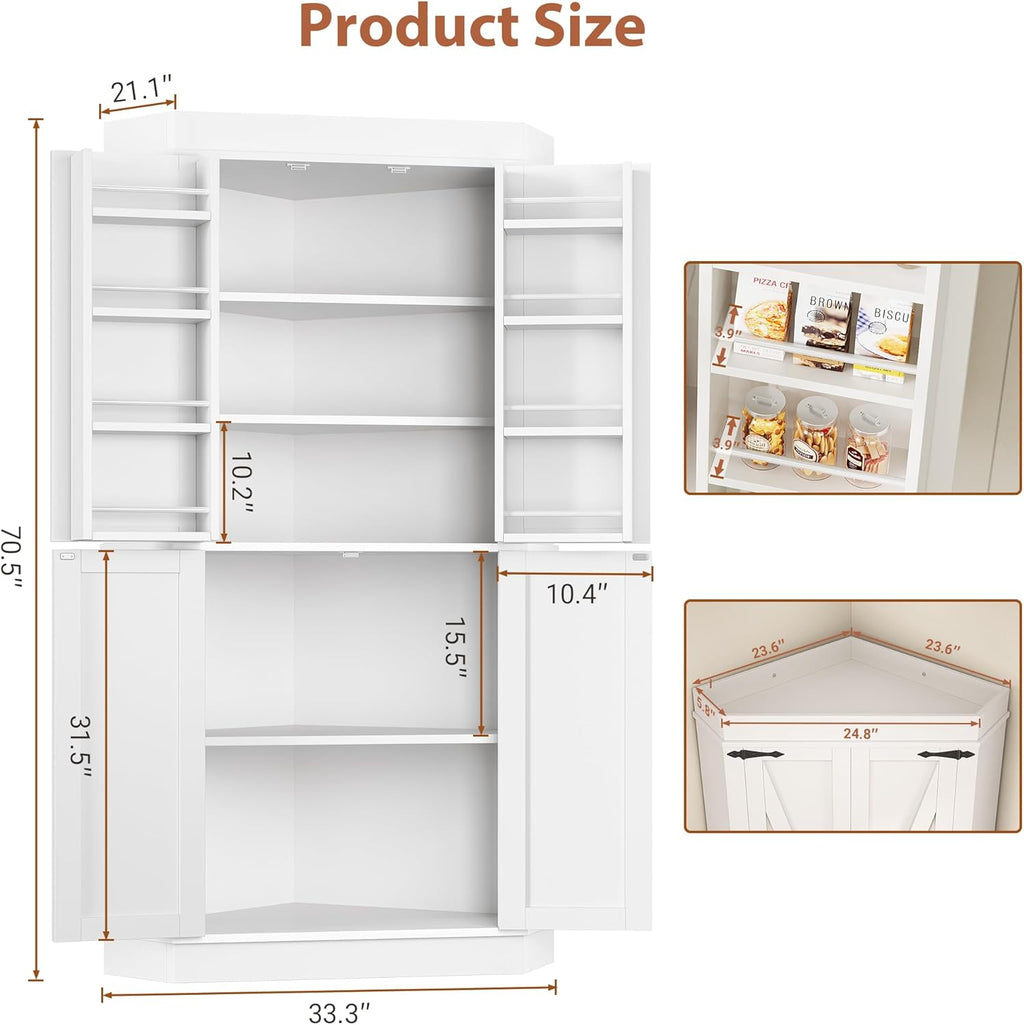 Corner Cabinet,71'' Kitchen Pantry Storage Cabinet with 4 Doors and Shelves, Tall Food Pantry Storage Cabinet Farmhouse Furniture for Kitchen Dining Room, White