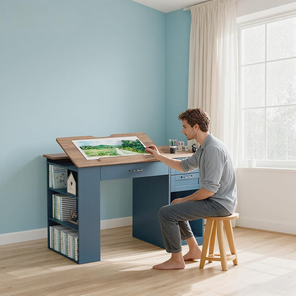 Drafting Table with Storage Cabinet & Drawers, Adjustable Drawing Table with Open Shelves, Craft Art Desk for Artists, Painters, Drawing, Crafting, Reading, Writing, Working (Blue)