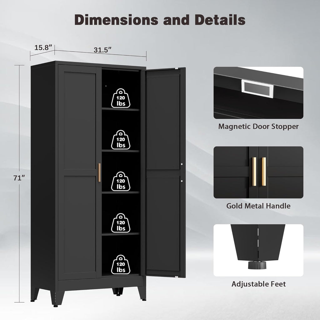 71” Tall Metal Kitchen Pantry Cabinet, Kitchen Storage Cabinets, Steel Cupboard with 2Doors and 4 Adjustable Shelves for Dining Room, Bathroom, Living Room
