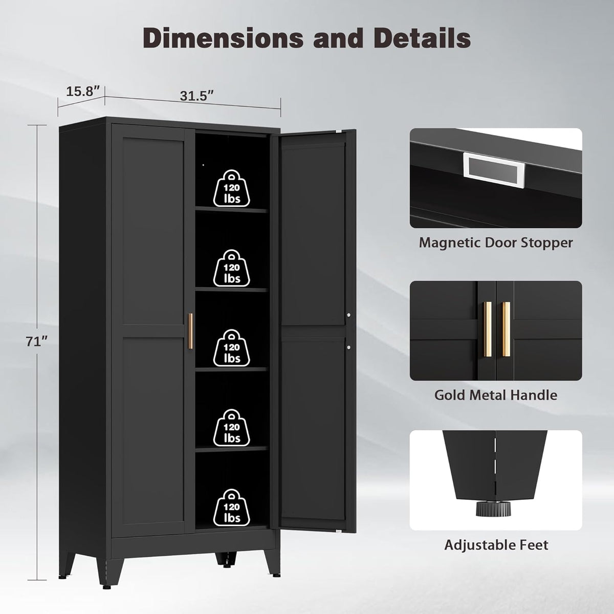 71” Tall Metal Kitchen Pantry Cabinet, Kitchen Storage Cabinets, Steel Cupboard with 2Doors and 4 Adjustable Shelves for Dining Room, Bathroom, Living Room
