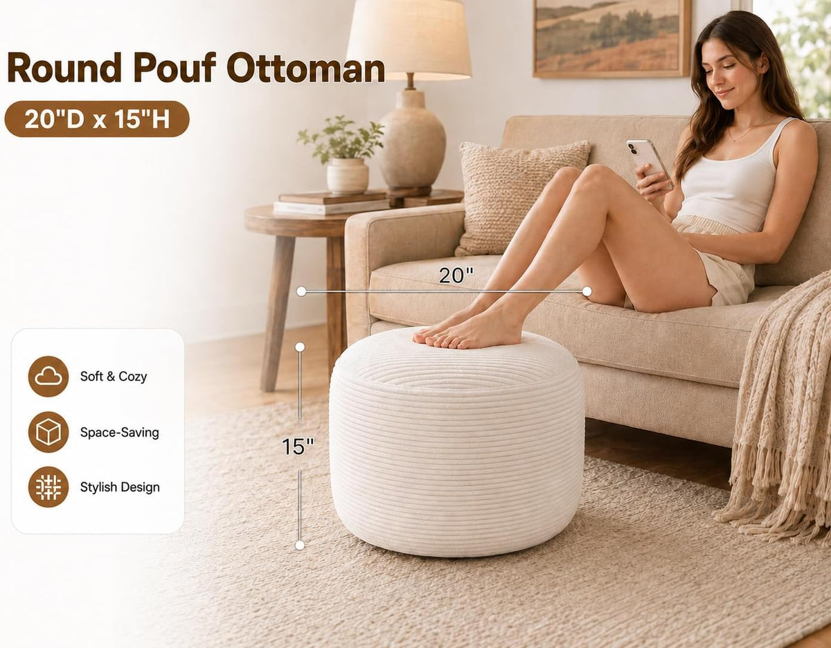 Round Pouf Ottoman Foot Rest 20 X 15 - Floor Pouf for Living Room Seating, Soft Corduroy Ottoman, Lightweight Foot Stool for Couch