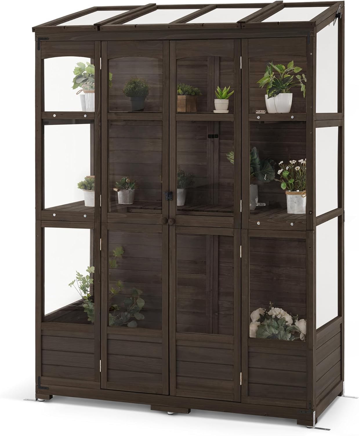 MCombo Wooden Greenhouse, Walk-in Outdoor Greenhouse with Openable Roof and Lockable Door, 0899 (Brown)