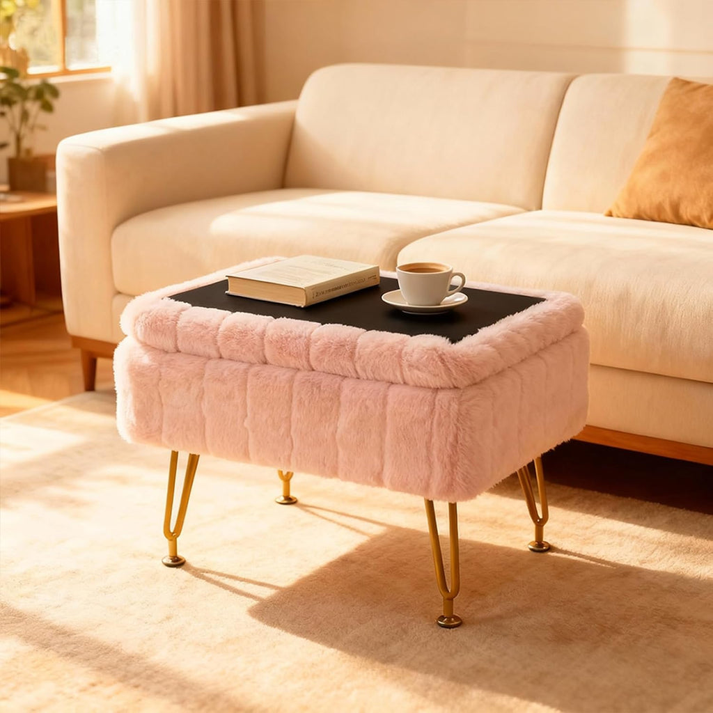Small Foot Stool with Storage & Gold Metal Legs, Small Ottoman Foot Rest Under Desk for Couch, Chair, Pink Furry with High-Density Resilient Sponge
