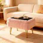Small Foot Stool with Storage & Gold Metal Legs, Small Ottoman Foot Rest Under Desk for Couch, Chair, Pink Furry with High-Density Resilient Sponge
