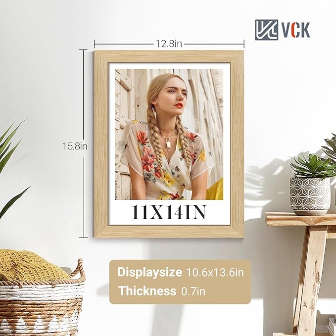 VCK 11x14 Picture Frame Set of 4 - Oak, Gallery-Quality Wood Poster Frames, 1.1-Inch Wide Border, Polished Plexiglass, Vertical or Horizontal Wall Display for Photo/Art/Prints, Natural Oak