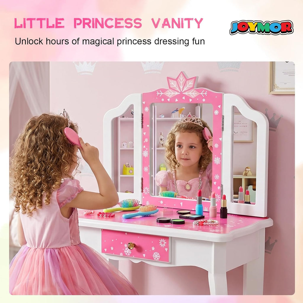 JOYMOR Kids Vanity Set, Wooden Princess Makeup Table with Stool, Tri-Folding Mirror, Large Drawer, Solid Wooden Legs, Beauty Make Up Dressing Set for Girls Best Gift (Pink)
