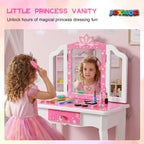 JOYMOR Kids Vanity Set, Wooden Princess Makeup Table with Stool, Tri-Folding Mirror, Large Drawer, Solid Wooden Legs, Beauty Make Up Dressing Set for Girls Best Gift (Pink)