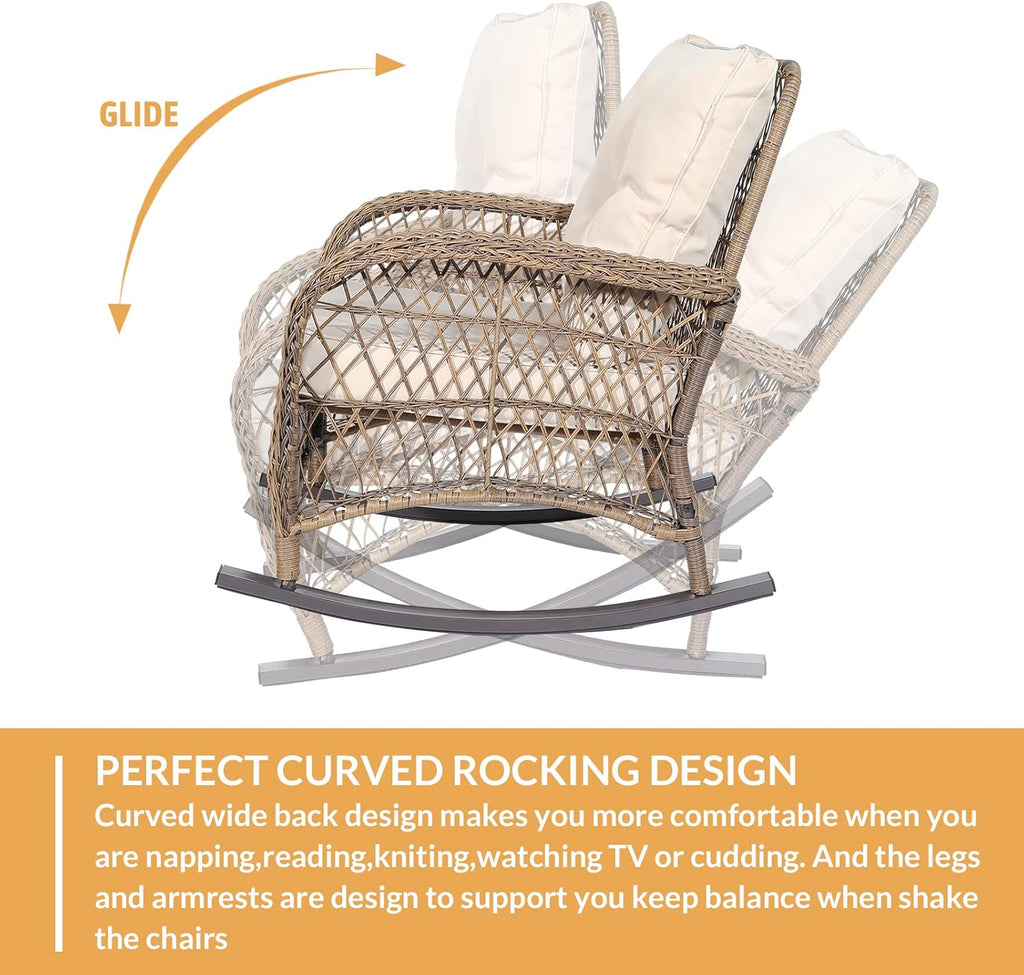 Outdoor Wicker Rocking Chair with Thickened Cushions, All-Weather Rattan Patio Rocking Chairs, Rocker Wicker Chair for Backyard & Porch Garden, Beige