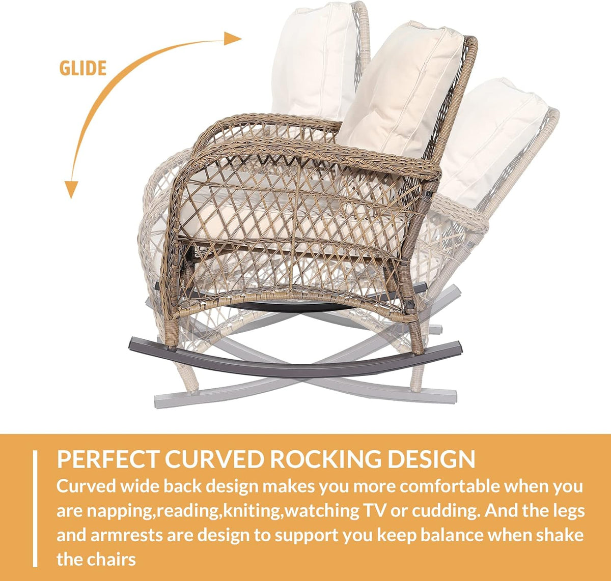Outdoor Wicker Rocking Chair with Thickened Cushions, All-Weather Rattan Patio Rocking Chairs, Rocker Wicker Chair for Backyard & Porch Garden, Beige