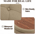 25" Round Ottoman with Storage, Small Coffee Table with Reversible Tray Lid | Tufted Fabric Round Storage Ottoman with Solid Wood Legs, 3-in-1 Footrest for Living Room, Bedroom, Entryway, Coffee