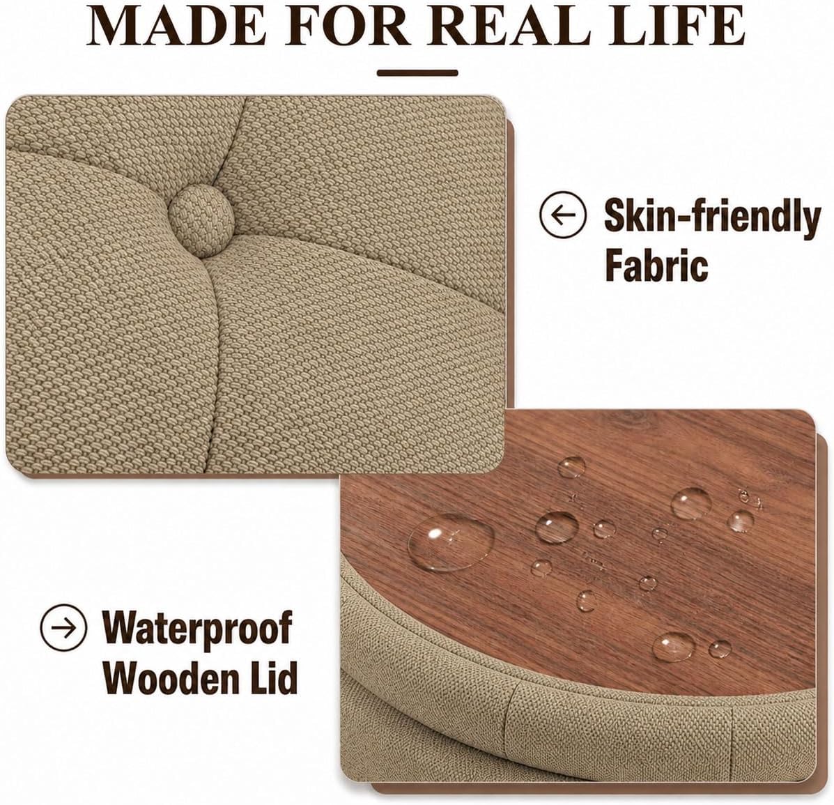 25" Round Ottoman with Storage, Small Coffee Table with Reversible Tray Lid | Tufted Fabric Round Storage Ottoman with Solid Wood Legs, 3-in-1 Footrest for Living Room, Bedroom, Entryway, Coffee