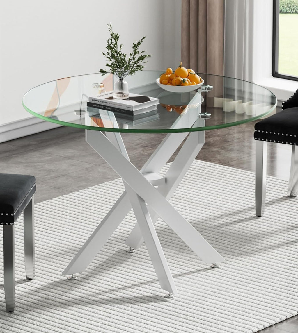 Modern Round Dining Table for 4, 36" Circle Glass Kitchen Dining Room Table with White Metal Cross Legs, Tempered Glass Tabletop, Perfect for Dinner Kitchen Living Dining Room