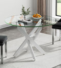 Modern Round Dining Table for 4, 36" Circle Glass Kitchen Dining Room Table with White Metal Cross Legs, Tempered Glass Tabletop, Perfect for Dinner Kitchen Living Dining Room