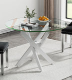 Modern Round Dining Table for 4, 36" Circle Glass Kitchen Dining Room Table with White Metal Cross Legs, Tempered Glass Tabletop, Perfect for Dinner Kitchen Living Dining Room