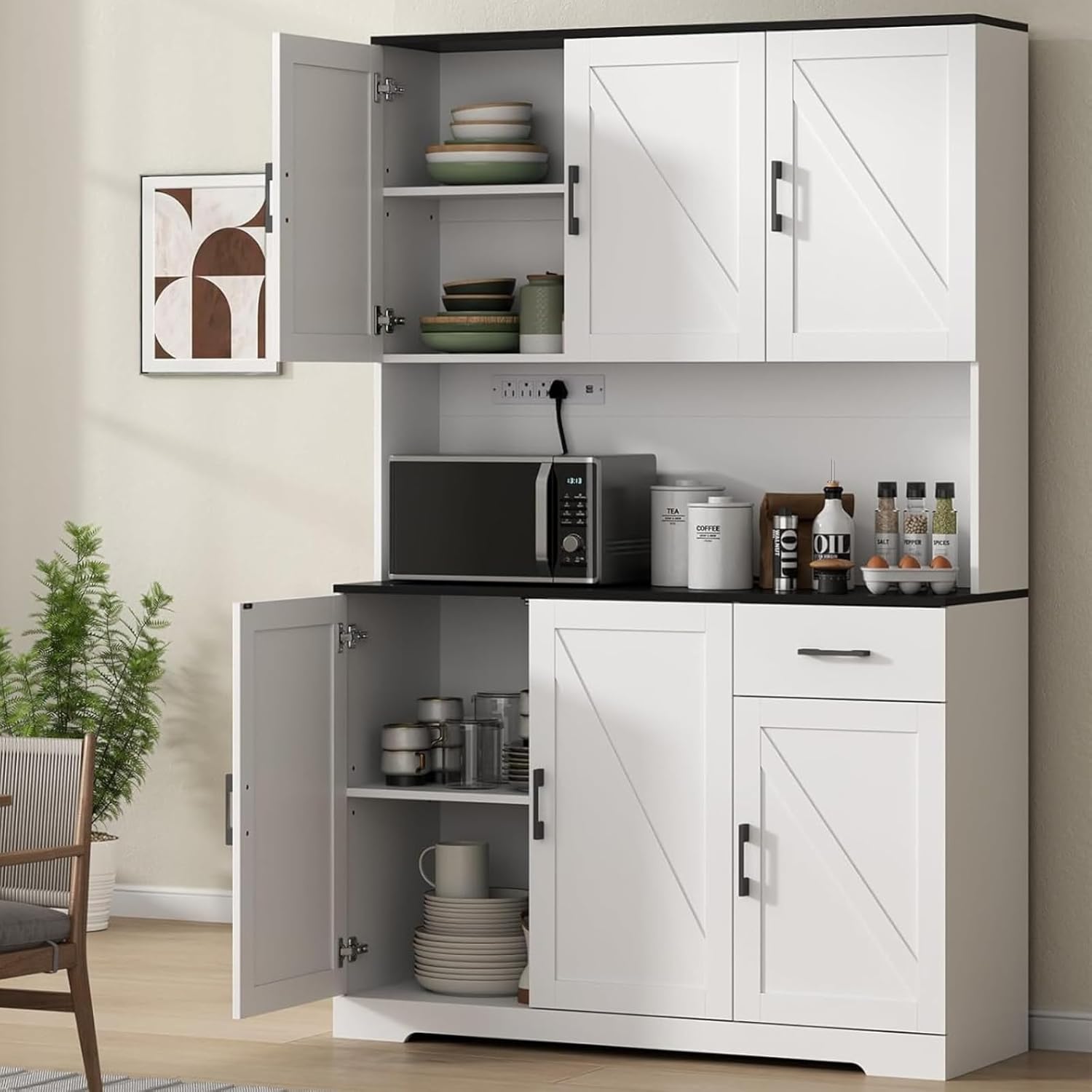 71" Pantry Cabinet,Kitchen Pantry Storage Cabine with Power Outlet,Farmhouse Kitchen Hutch Pantry Cabinet, Tall Hutch with Adjustable Shelf & Door,Food Pantry Storage for Dining Room,Kitchen (White)
