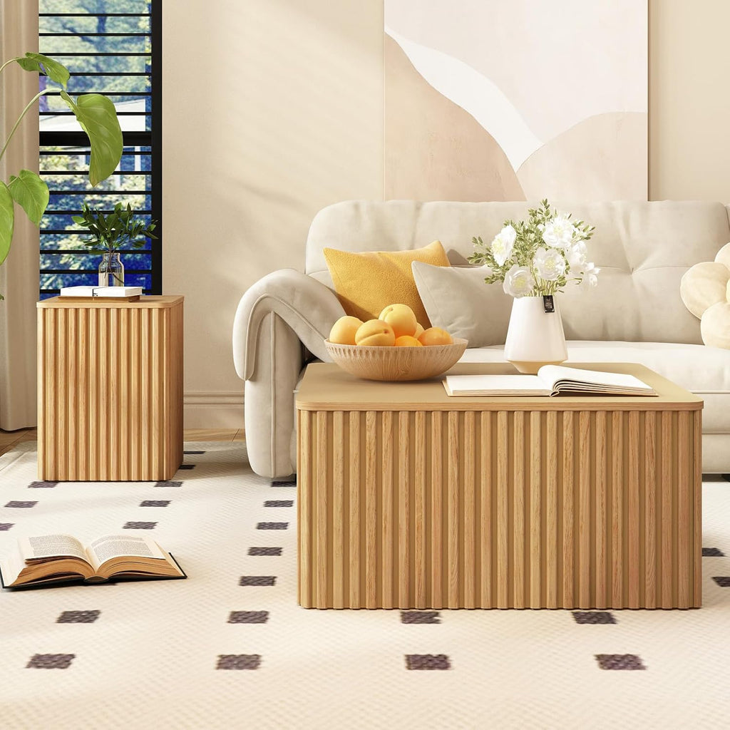 Fluted Coffee Table and End Table Sets-Living Room Square Tables with Large Storage, Mid Century Modern Wood Acccent Table Set of 3, Natural