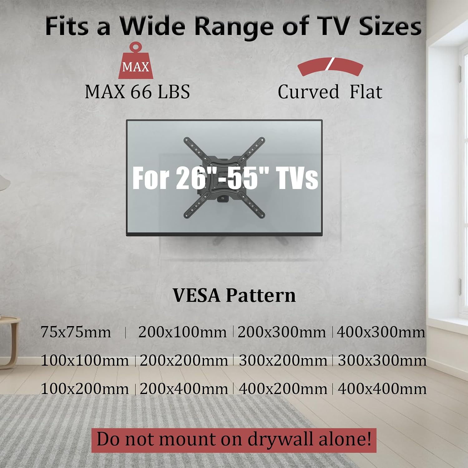 Full Motion TV Wall Mount, Corner Wall Mount Bracket with Swivel Tilt Arm, Fits VESA 400x400mm, 77 lbs Max, Universal TV Mount for LED Monitors Flat Screens for 26-55 Inch TVs