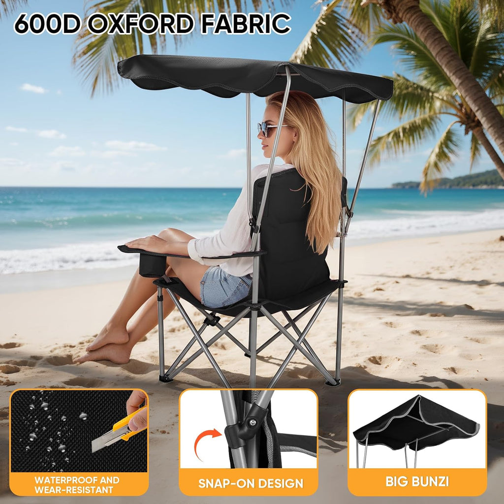 Northroad Folding Camping Chairs with Canopy Shade, Beach Chair w/Cup Holders, Armrests & Carry Bag for Outdoors Travel Sports Fishing, Black