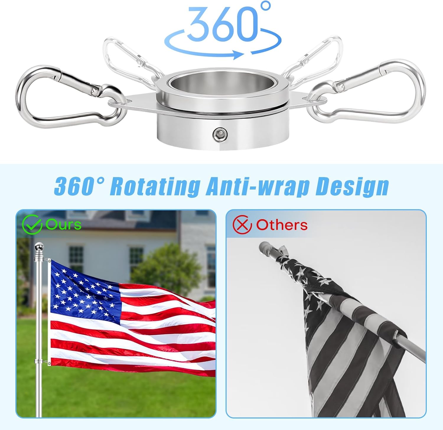 1.5" Flag Pole Rings, 2 Pcs Aluminum Alloy Spinning Flag Pole Ring Clips Swivels, 360° Rotating Anti Wrap Flagpole Ring Hardware with Stainless Steel Carabiners for 1.26-1.5" Diameter
