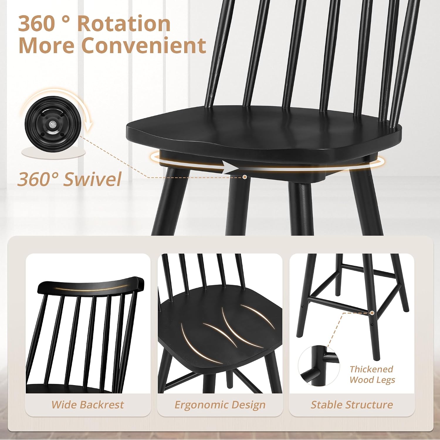 LUE BONA 360° Swivel Bar Stools Set of 3, Black Windsor Barstools, Counter Height Barstool with Spindle Back, 24 inch Farmhouse Wooden Counter Stools for Kitchen Island, Pub, Bistro, Cafe, Dining Room