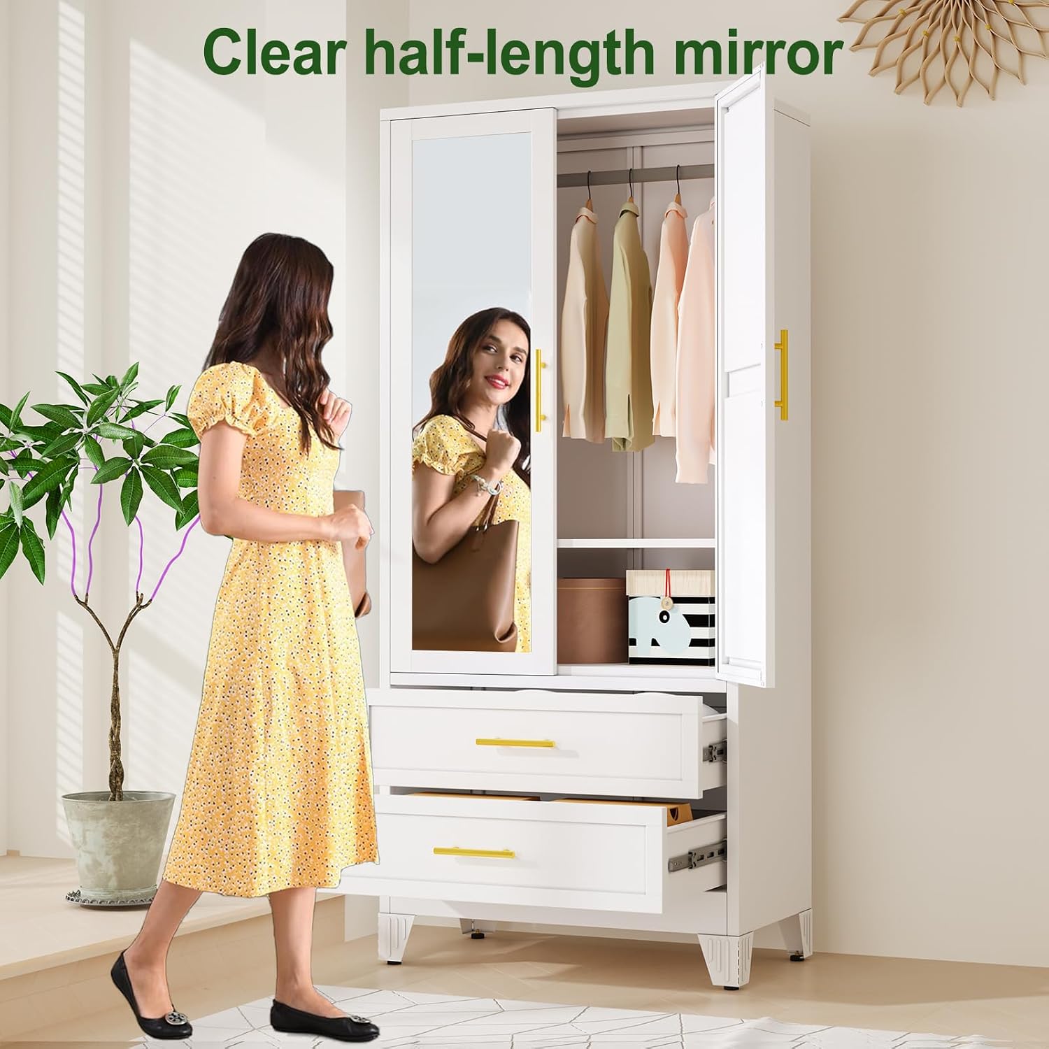 winiowa Metal Armoire Wardrobe Closet with 2 Drawers, 71" Wardrobe Cabinet with Adjustable Shelves and Hanging Rod, Clothing Storage Cabinet Closet with Mirror for Bedroom-White