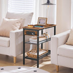 HOOBRO End Table, 3-Tier Narrow Side Table with Charging Station, Nightstand with 2 Flat or Slant Adjustable Shelves for Small Spaces, Living Room, Bedroom, Rustic Brown and Black BF23UBZ01G1